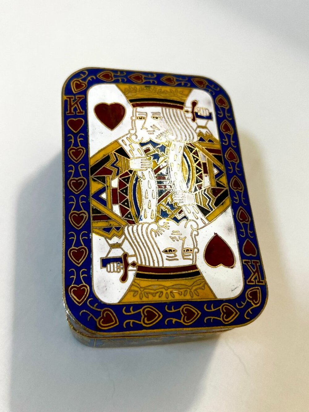 King of Hearts Cloisonné Brass Enameled Trinket Box - 4" x 2¾" x 1¾ - VINTAGE